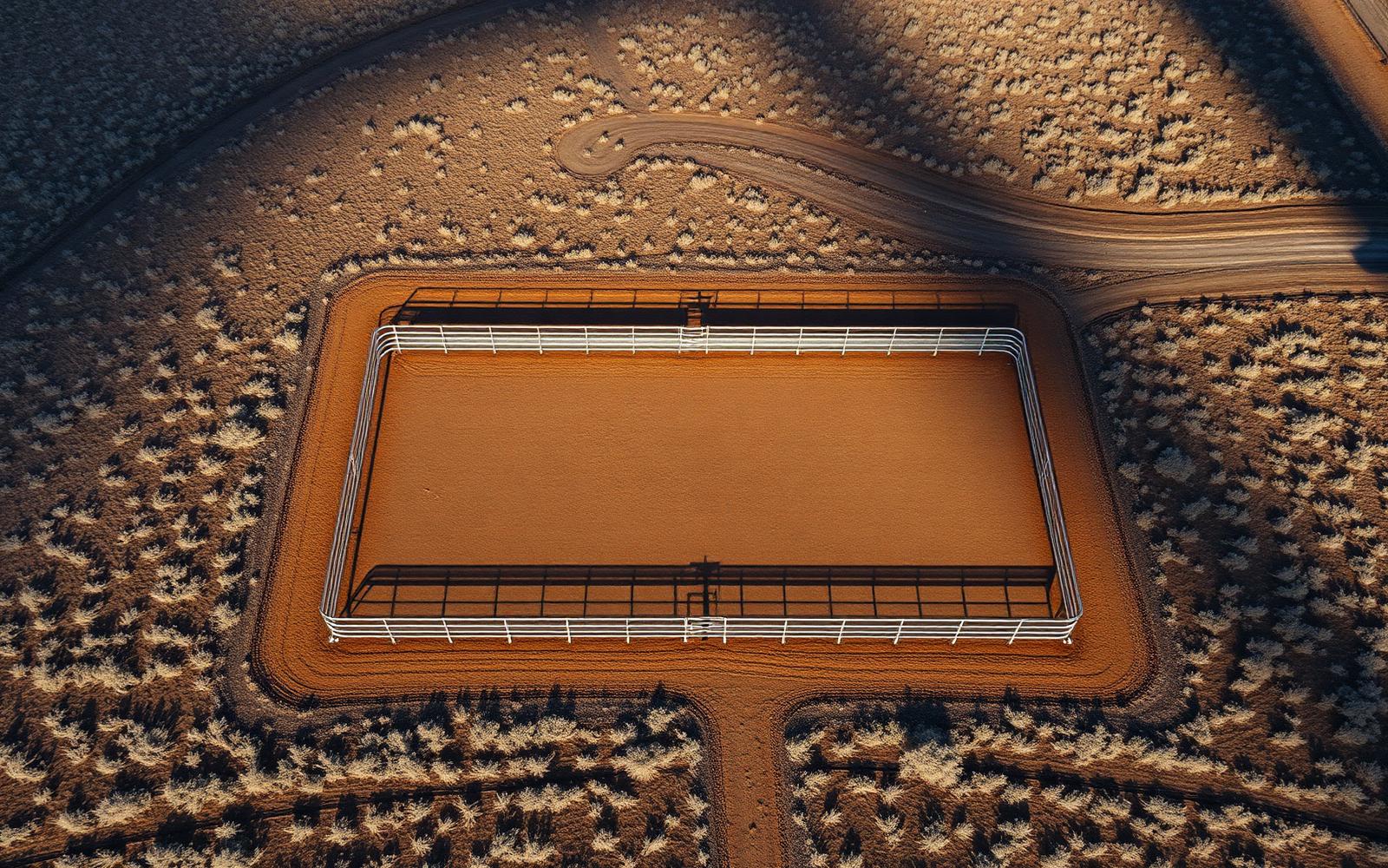 Aerial view of a steel-panel roping arena in Colorado